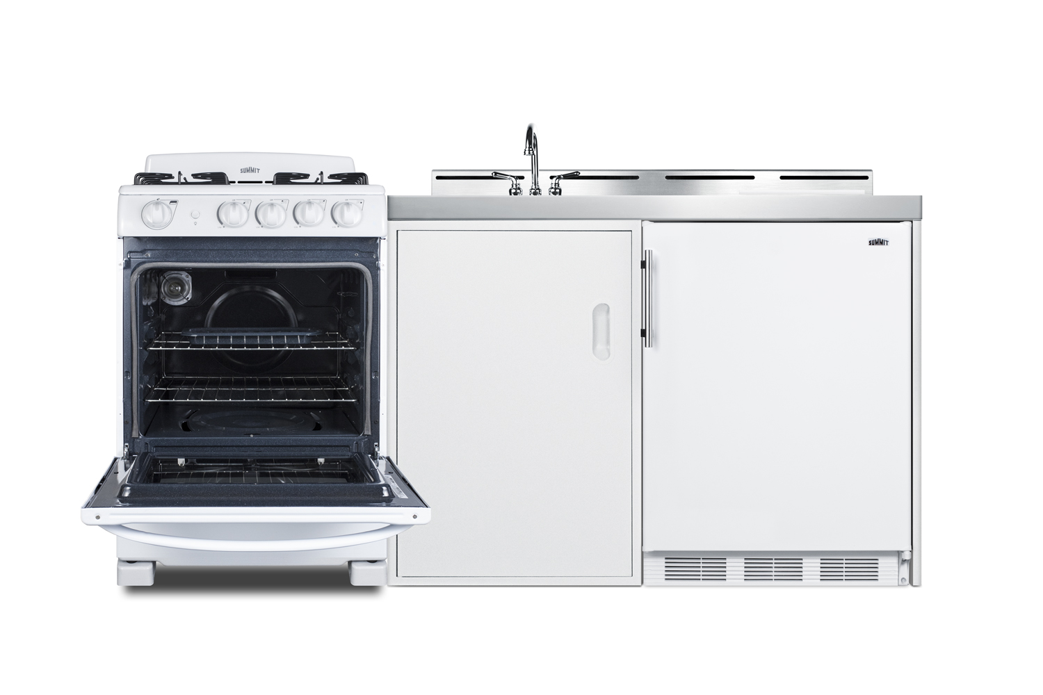 72 inch wide all-in-one kitchenette with 115V 4-burner gas range, refrigerator-freezer, sink, cutting board and cutlery storage, and a storage cabinet